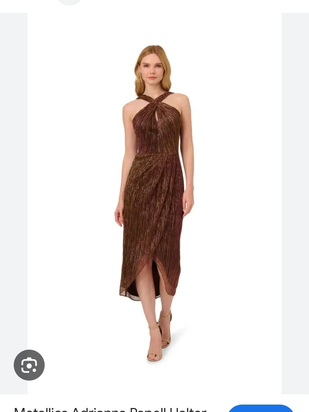 One-Shoulder Metallic Copper Twist Halter Dress